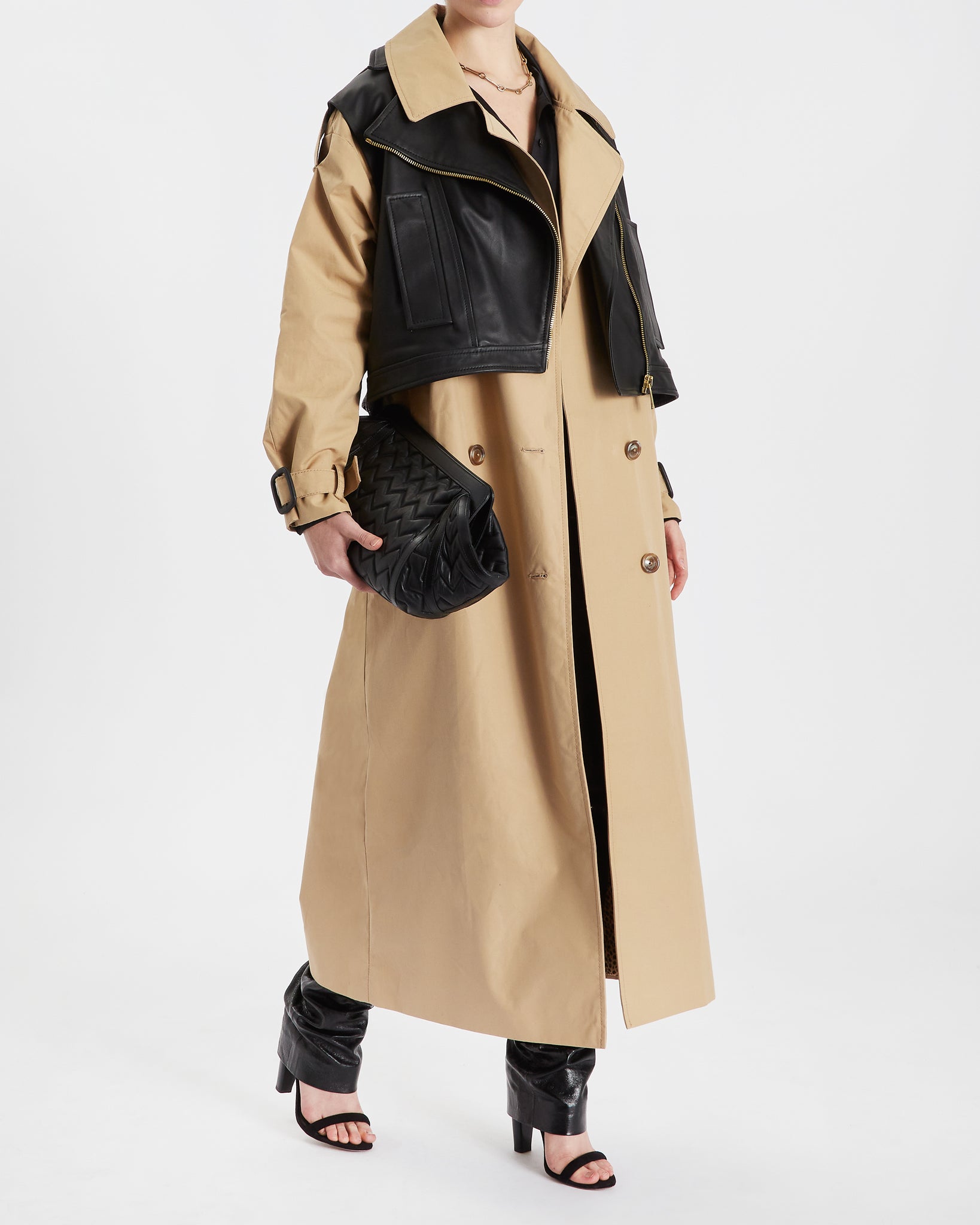 Dominique TRENCH WITH REMOVABLE BIKER JACKET - BLACK/BEIGE
