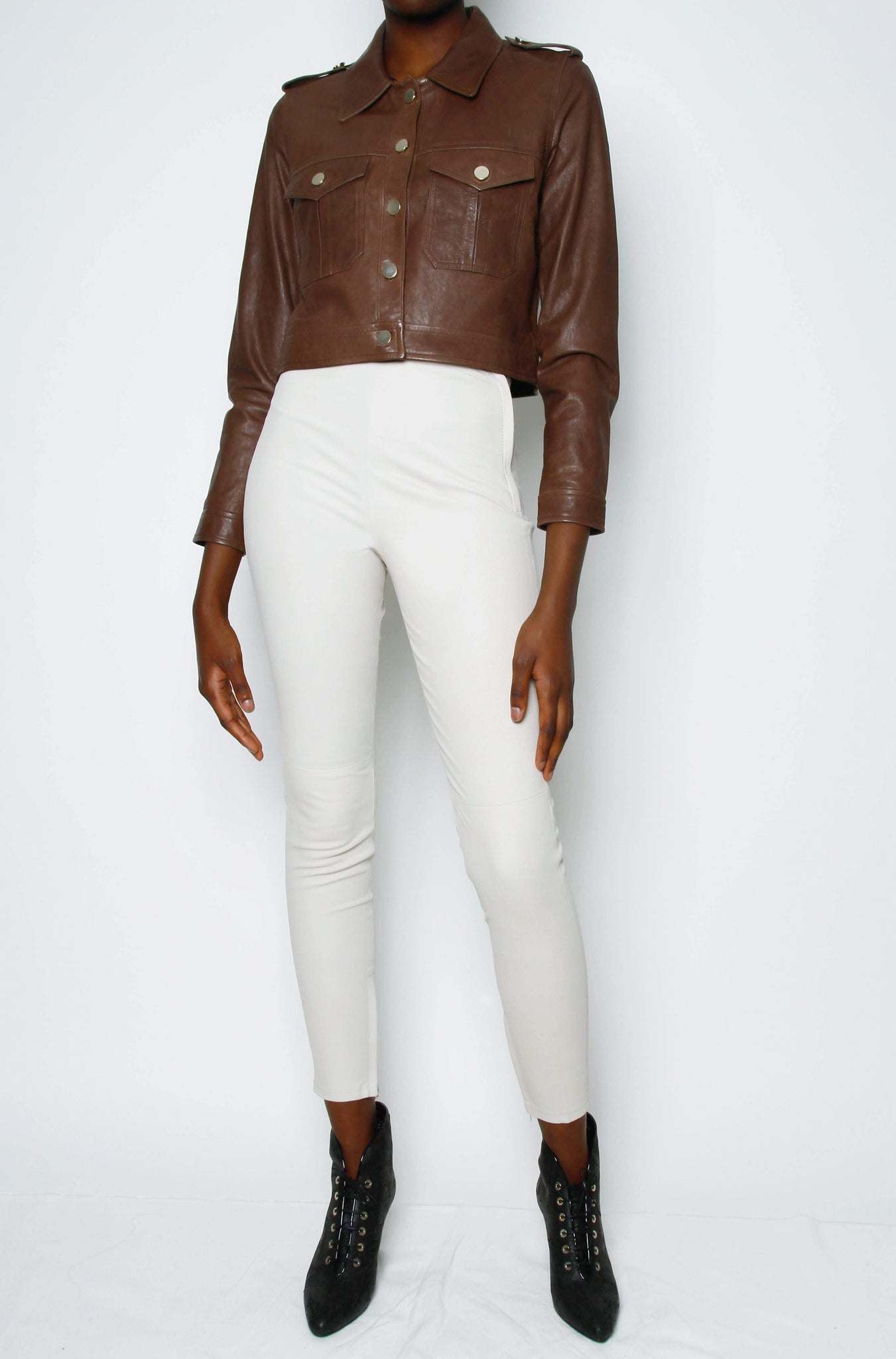 Amelie CROPPED LEATHER JACKET - TOBACCO