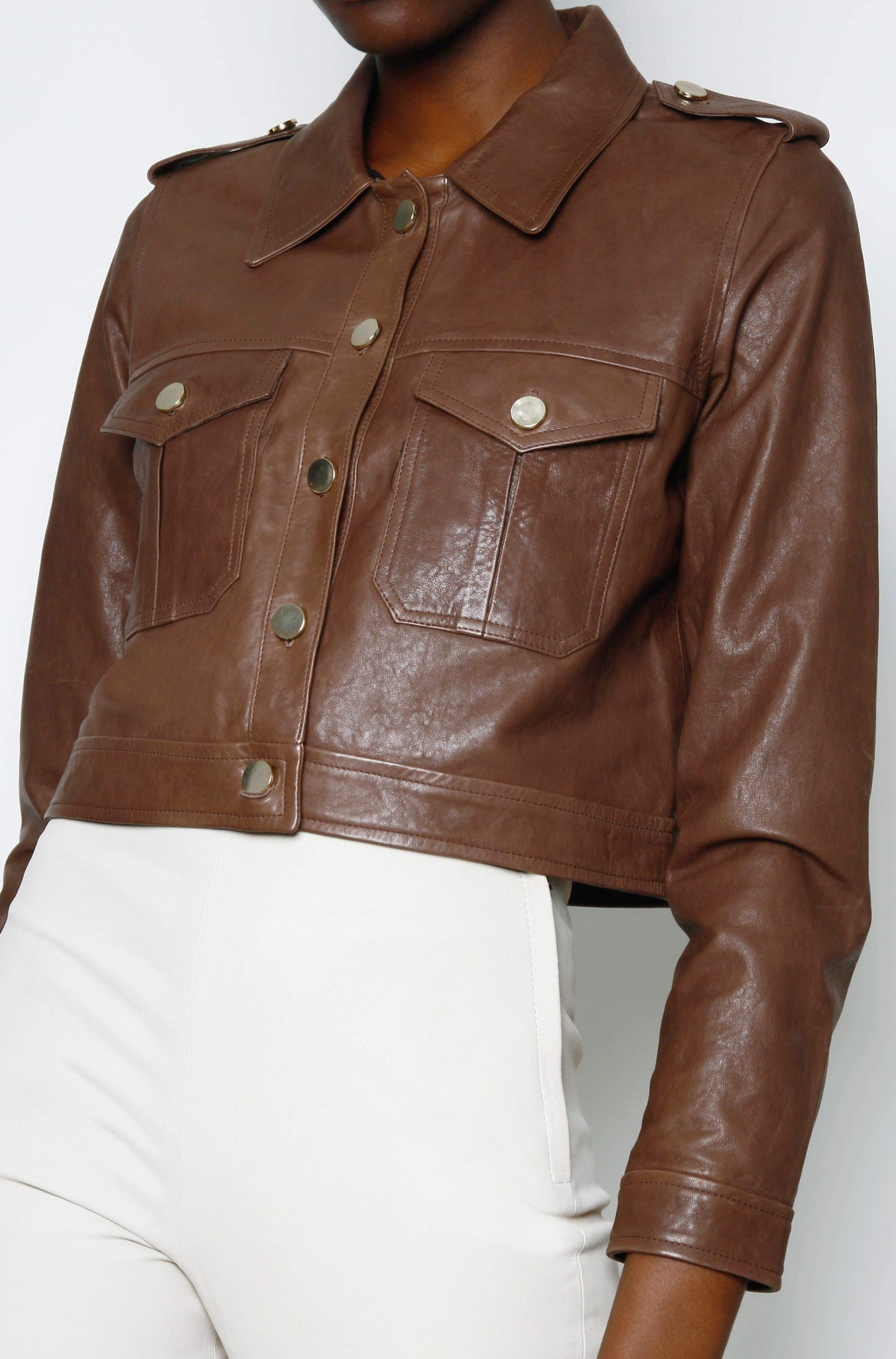 Amelie CROPPED LEATHER JACKET - TOBACCO