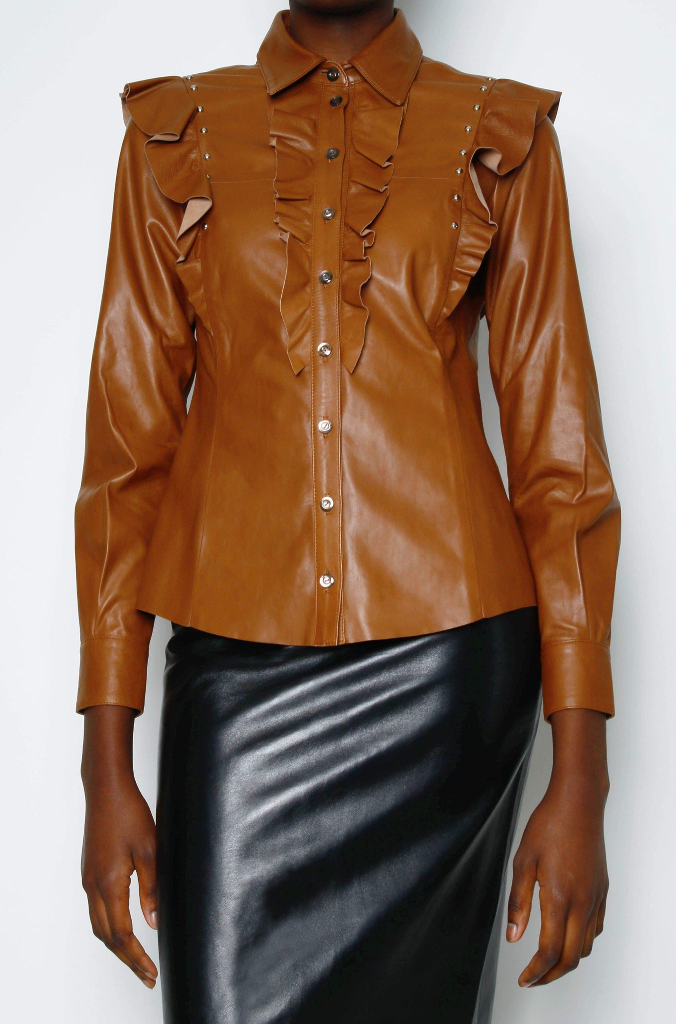 Darren FRILL FRONT LEATHER SHIRT - PENNY BROWN