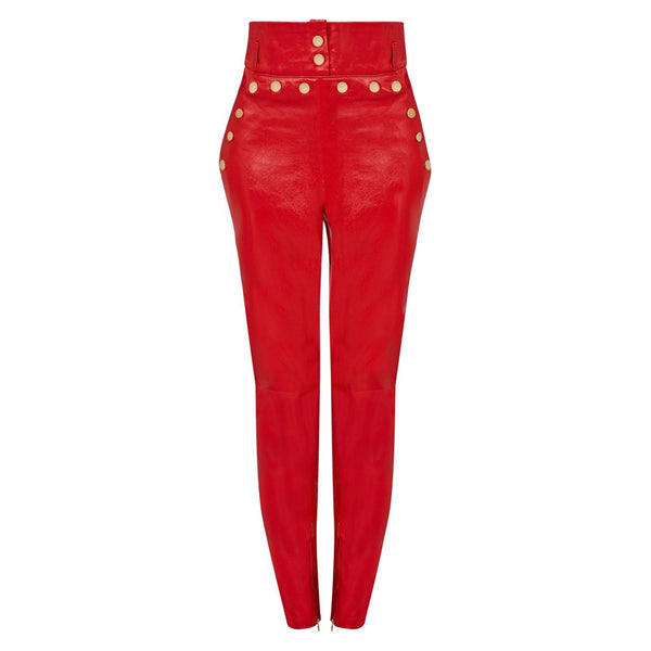 Red high waisted leather on sale pants