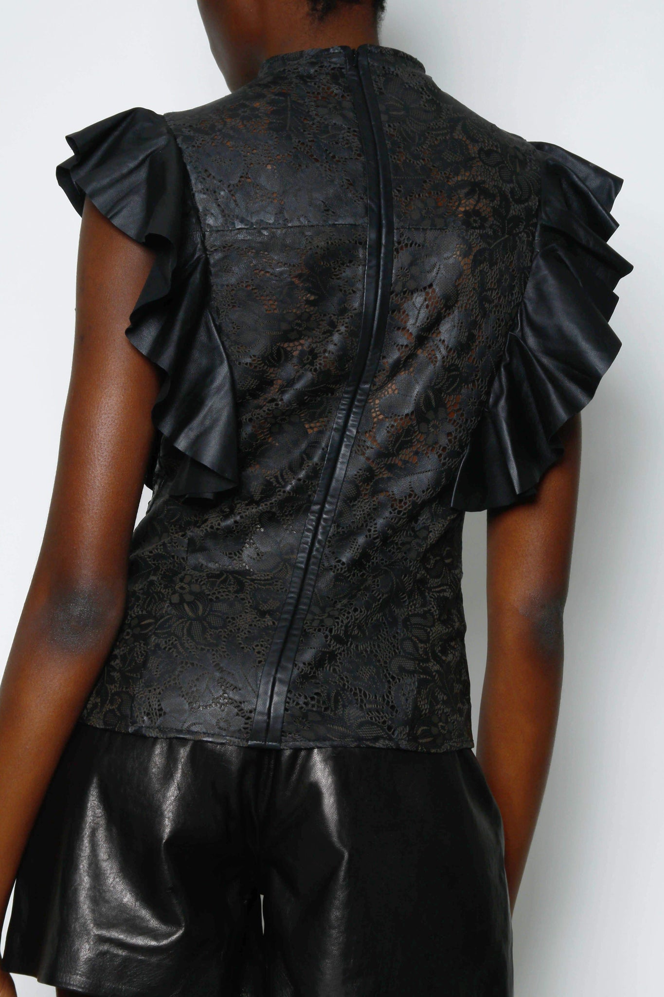 Georgie LACE LEATHER SLEEVELESS FUNNEL TOP - BLACK