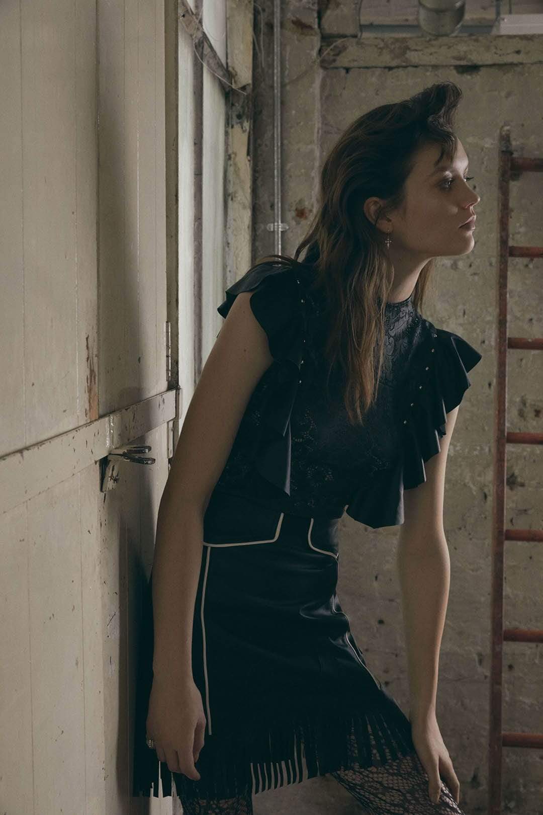 Georgie LACE LEATHER SLEEVELESS FUNNEL TOP - BLACK