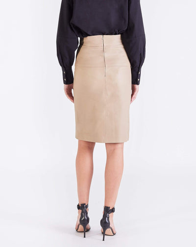 Lucy BUTTON FRONT LEATHER SKIRT - BEIGE/BURGUNDY