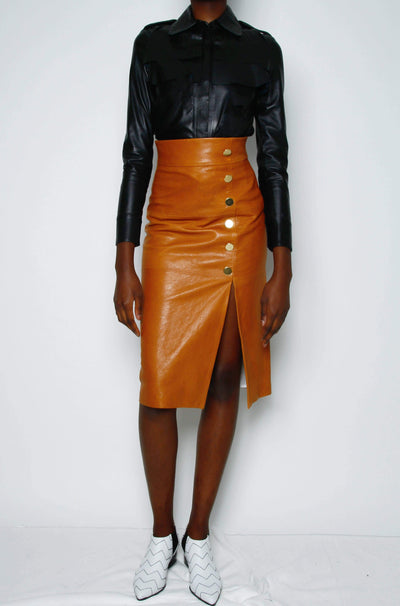 Lucy BUTTON FRONT LEATHER SKIRT - COGNAC