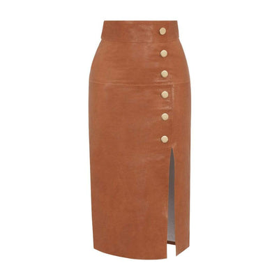 Lucy BUTTON FRONT LEATHER SKIRT - COGNAC