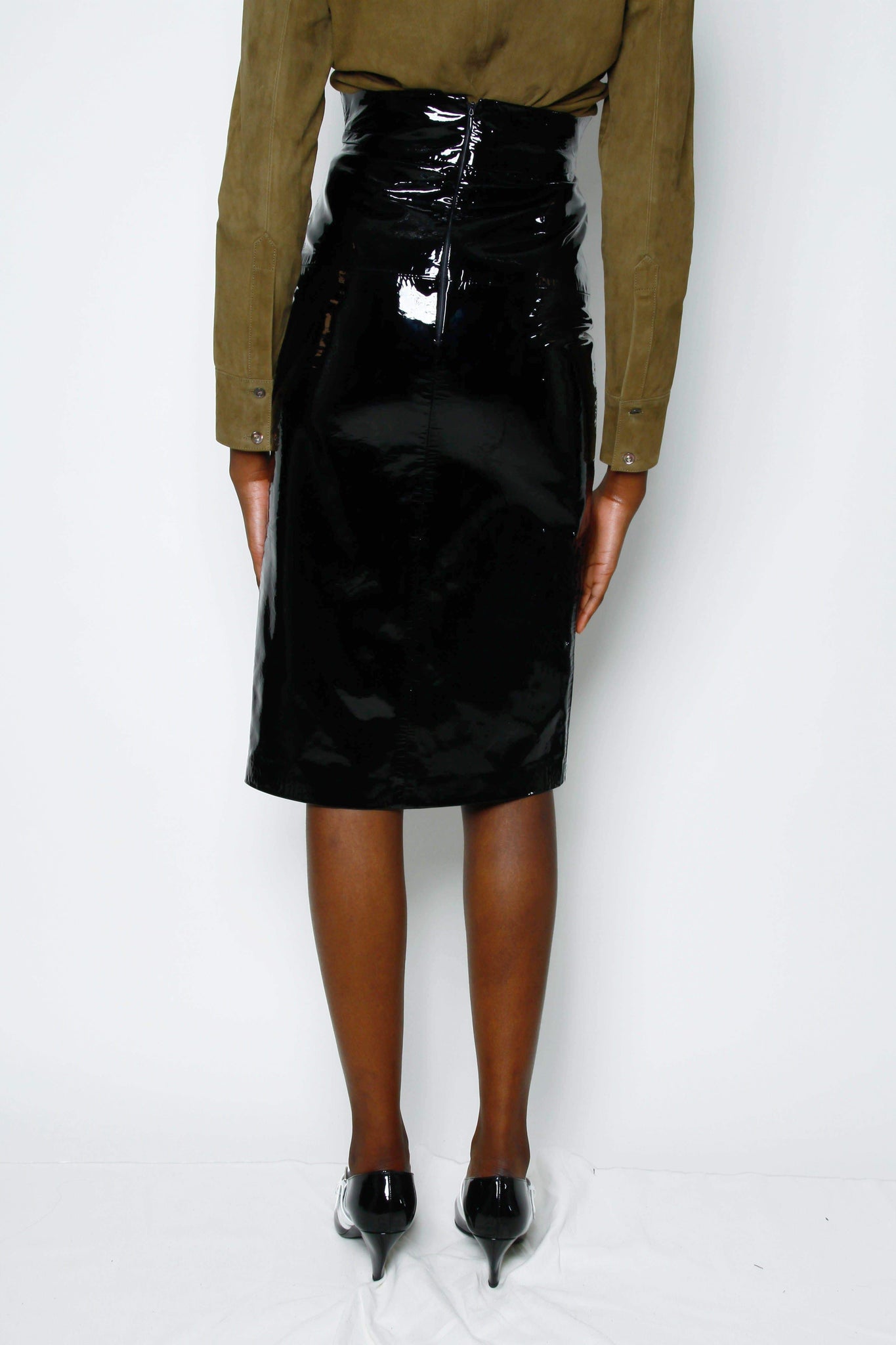 Lucy PATENT BUTTON FRONT PATENT LEATHER SKIRT - BLACK