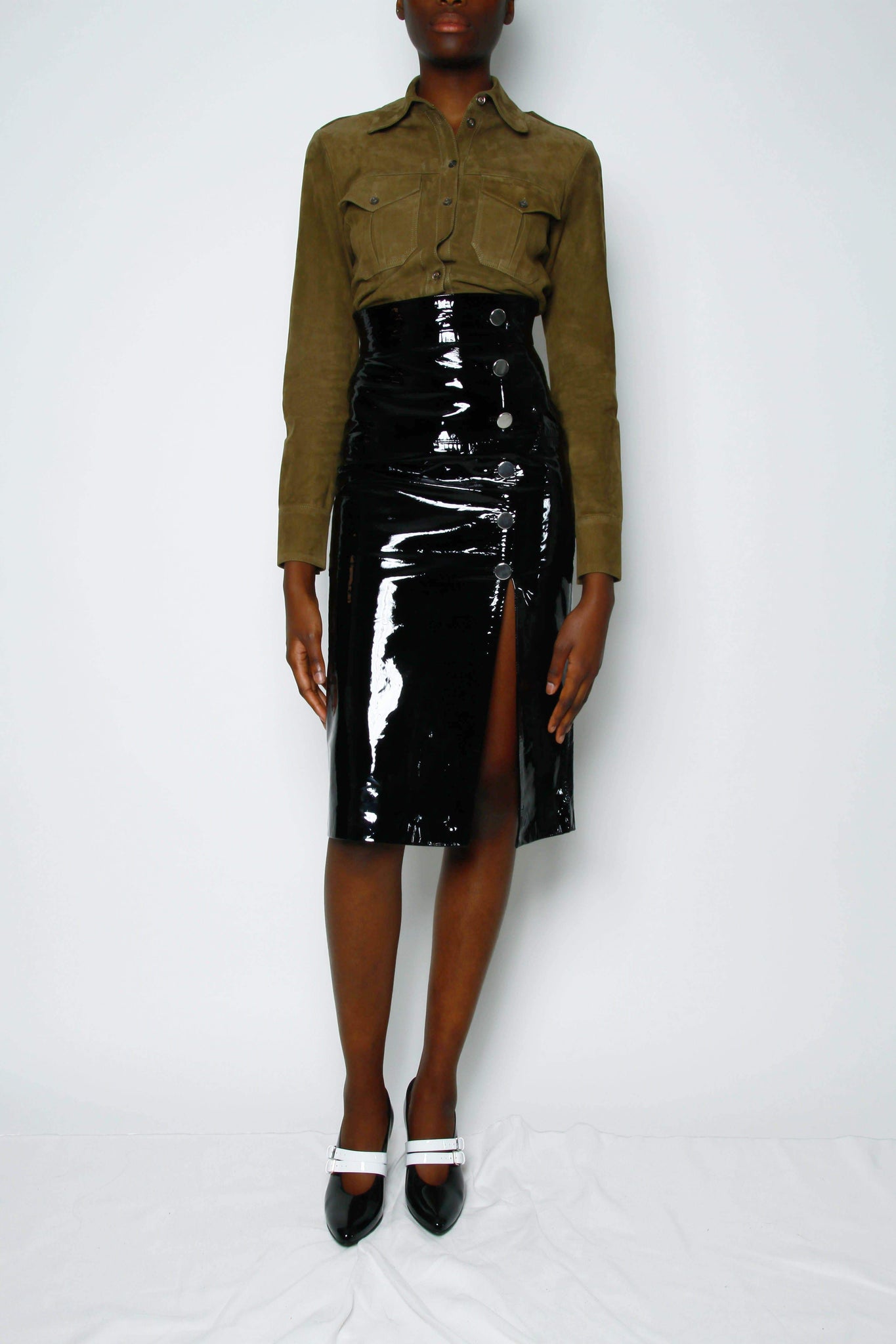 Belted Button Front Pencil Skirt