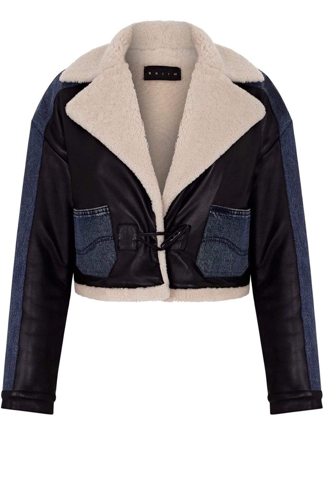 Shearling-Trimmed Patchwork Leather and Denim Jacket