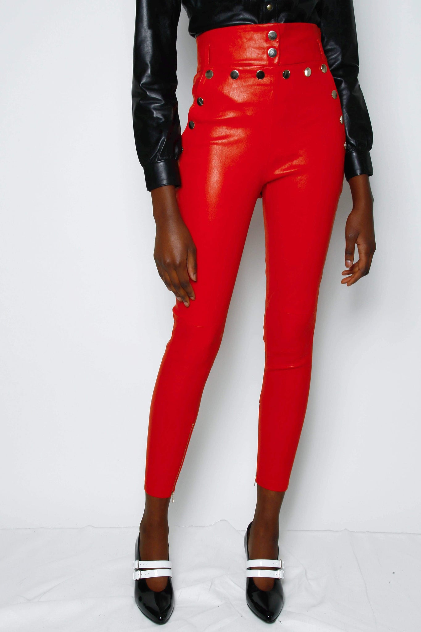 Women Red Leather Front Lace-up Pants, Cut Out Leather | RebelsMarket