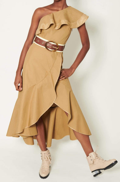 Salma ONE SHOULDER RUFFLE DRESS GOLD SKIIM Paris